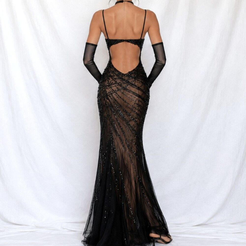 Vintage Y2K Brown Black Beaded Mesh Maxi Bodycon Side Slit Prom Dress Size M/L - Picture 4 of 13